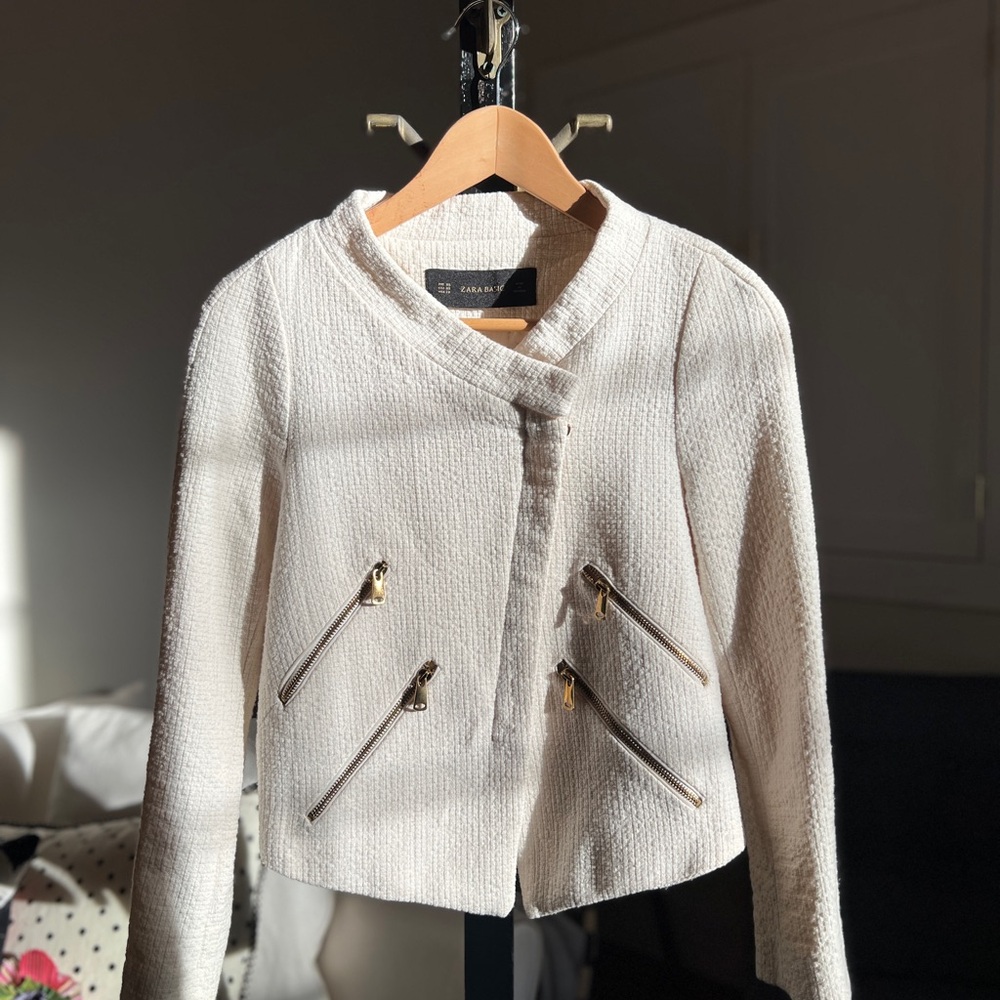 Zara Textured Cream Blazer with Gold Accents
